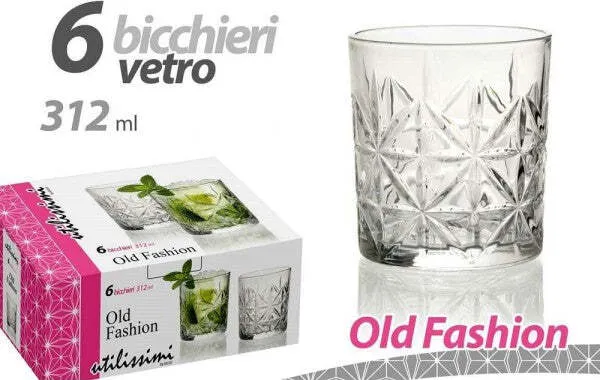 Set 6 Pz Bicchieri Decoro Old Fashion Vetro Trasparente Acqua Vino 312 Ml 791222