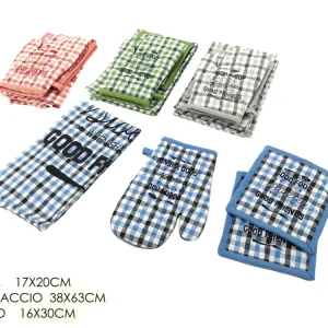 Set con 2 presine, 1 guanto e 1 strofinaccio 4 assortimenti