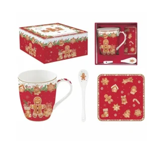 Set mug porcellana da 350 ml con cucchiaino e sottotazza sughero con scatola regalo. Linea FANCY GINGERBREAD di Easy Life.