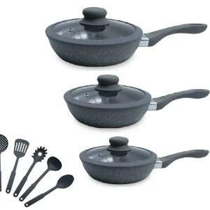 Set Padelle Induzione Pietra Antiaderenti con Coperchi e 5 Mestoli Grigio