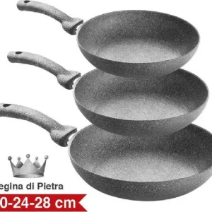 Set 3 Padelle Pietra Antiaderenti Regina Di Pietra Diametro 20 - 24 - 28 Cm