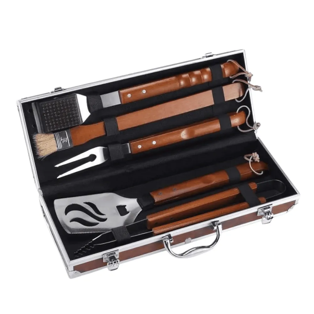Set Per Barbecue Ompagrill | Acciaio Inox | Manico Legno Massello | Valigetta Radica