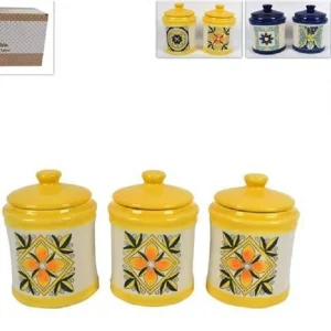 Set 3 Pezzi Tris Barattoli Colorati Ceramica Con Decoro Fantasia Maiolica