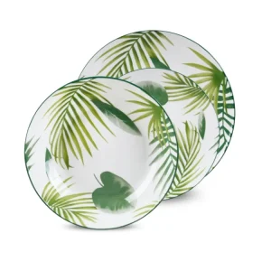 Set piatti per 6 persone ceramica bianco e verde jungle con foglie - Casa Milano