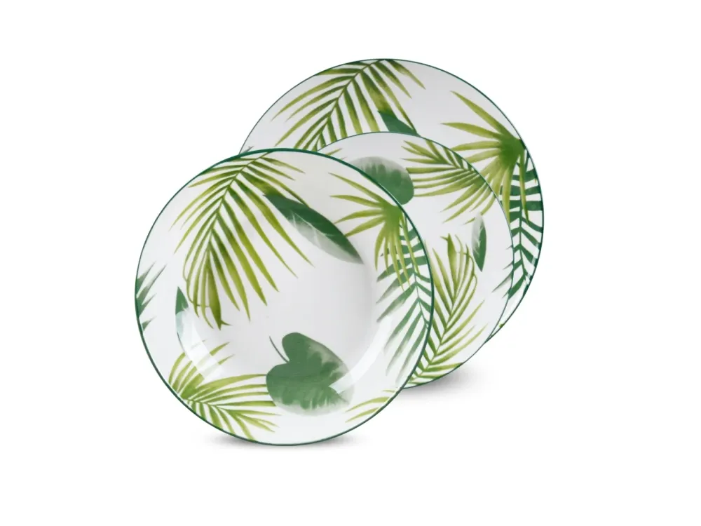 Set piatti per 6 persone ceramica bianco e verde jungle con foglie - Casa Milano
