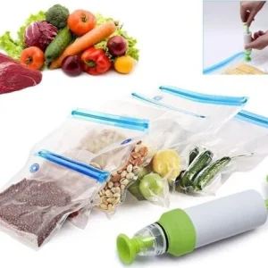 Set Sacchetti Zip Sottovuoto Con Pompa Mano 2 Clip Chiudi Buste Sigilla Chiudi