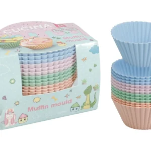 Set di 12 stampi per cupcake silicone, dimensioni 7x3,5cm ciascuno. Peso 9,4gr per stampo, 113gr per set. Include 4 colori...