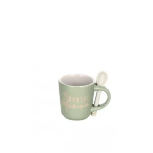 Set 6 tazzine caffè ceramica verde con cucchiaino e scritte | rohome