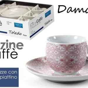 Set 6 Pz Tazzine Caffè + 6 Piattini Tazzina Classico Moderno Damasco Rosa 720390