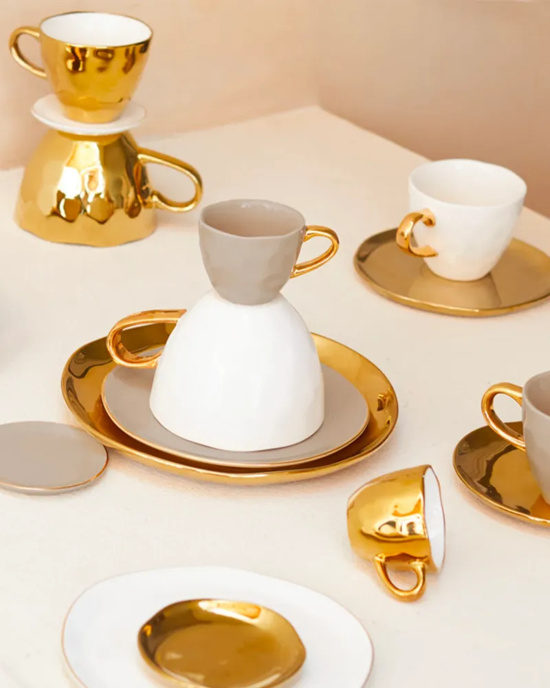 Set 4 tazzine ceramica con manico oro Good Morning