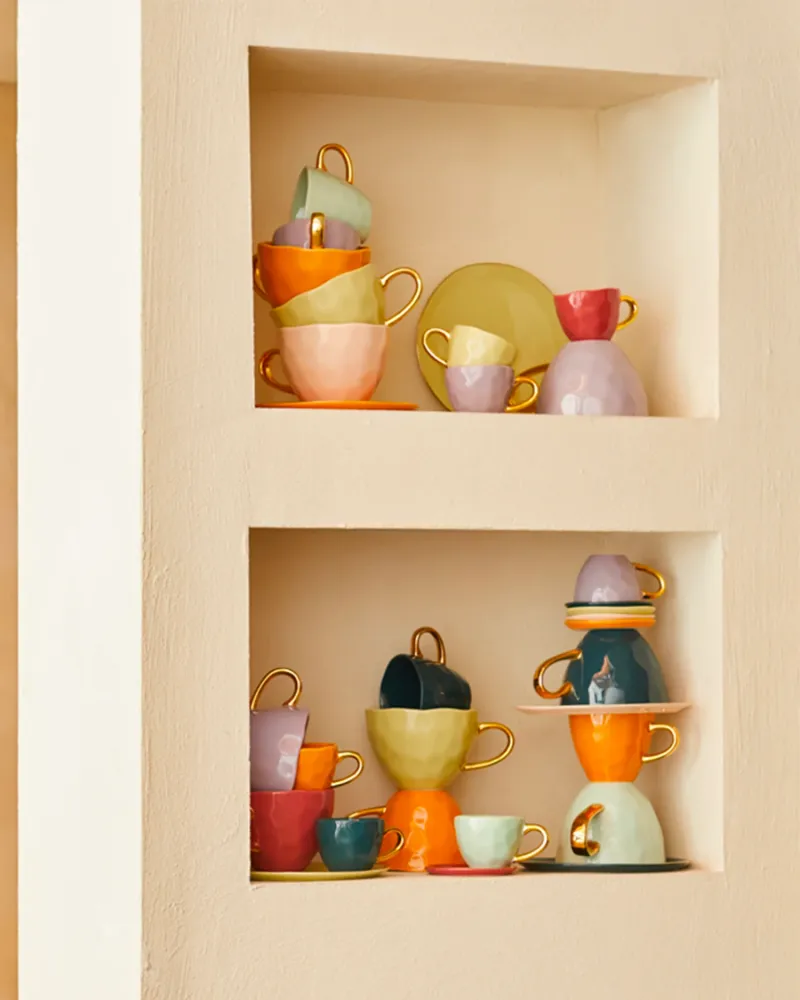 Set 4 tazzine ceramica con manico oro Good Morning