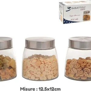 Set 3 Tris Barattoli Con Coperchio Vetro Contenitori Pasta Biscotti 850ml 747646
