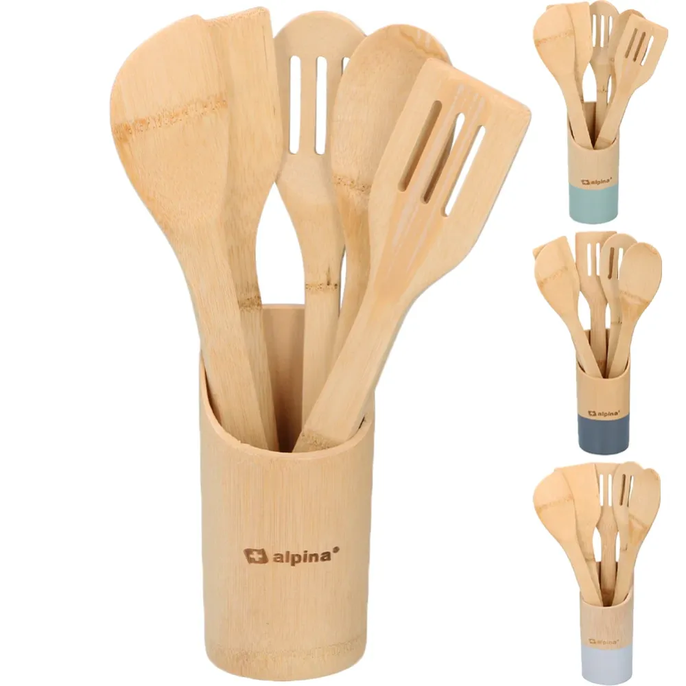 Set 6 Utensili da Cucina Bambù Lunghezza 30 cm Antigraffio Colori Assortiti