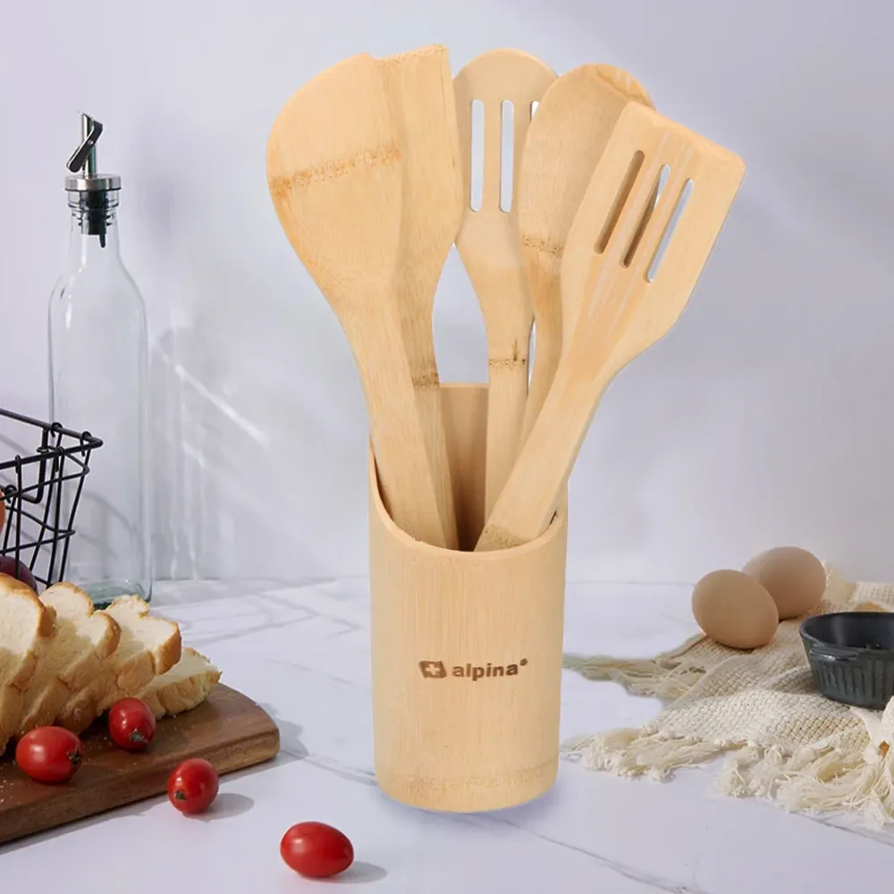 Set 6 Utensili da Cucina Bambù Lunghezza 30 cm Antigraffio Colori Assortiti