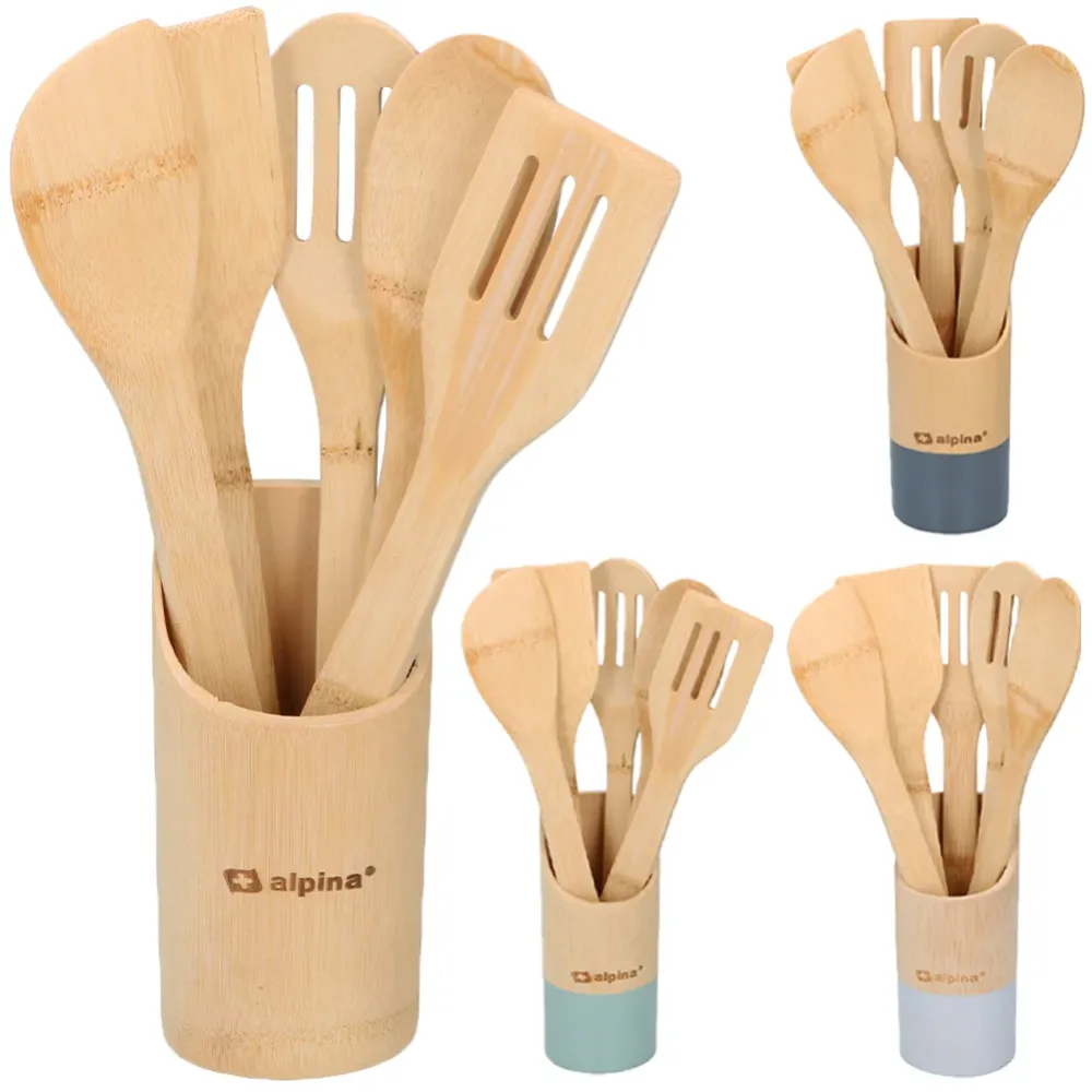 Set 6 Utensili da Cucina Bambù Lunghezza 30 cm Antigraffio Colori Assortiti
