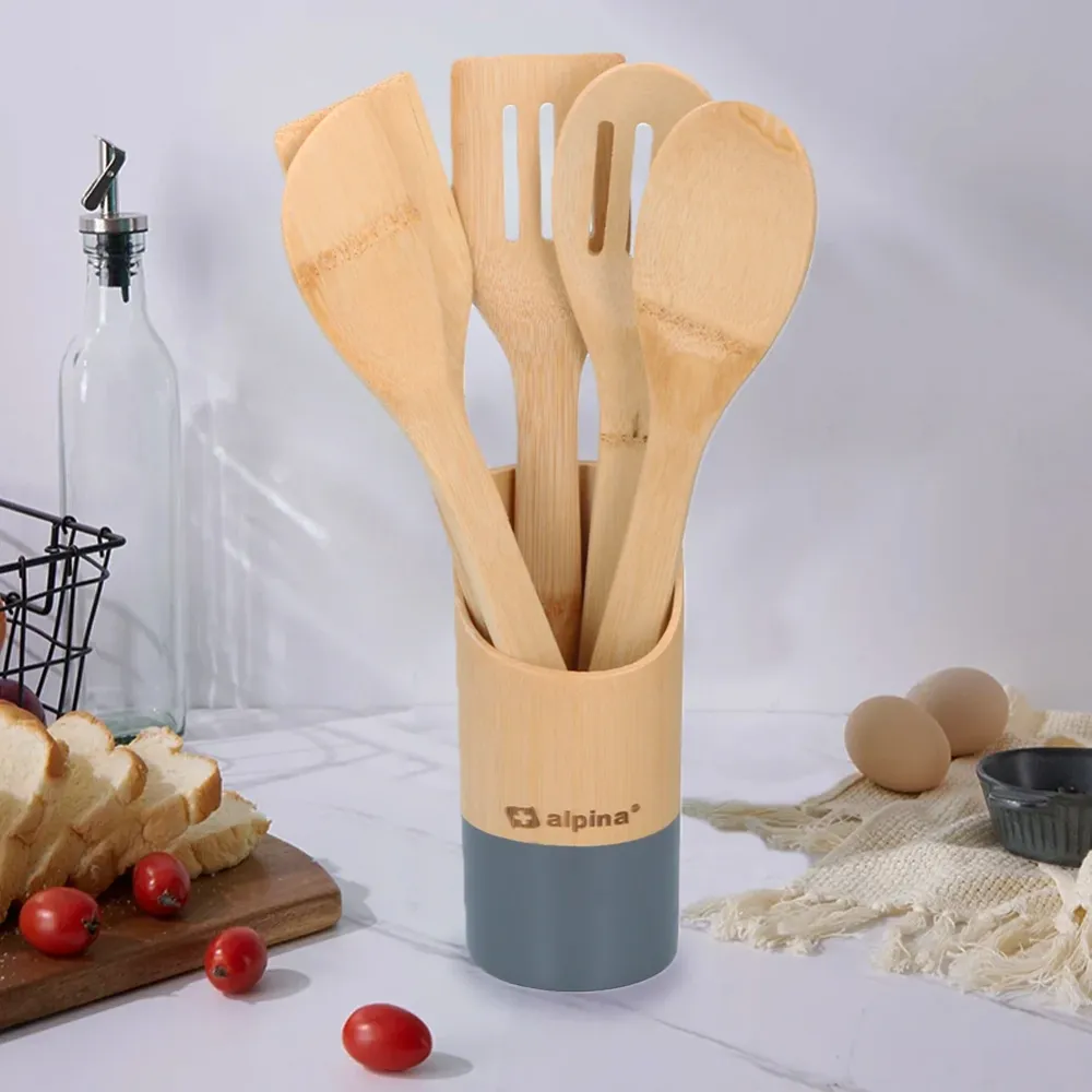 Set 6 Utensili da Cucina Bambù Lunghezza 30 cm Antigraffio Colori Assortiti