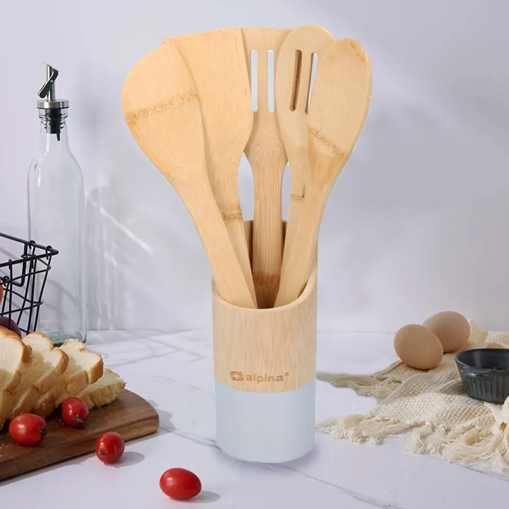Set 6 Utensili da Cucina Bambù Lunghezza 30 cm Antigraffio Colori Assortiti