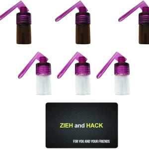 6x Spender con cucchiaio (bottiglie marroni e trasparenti con tappi viola) inclusa scheda di estrazione e hacking