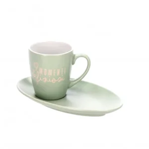 Tazza da tè ceramica verde con piattino e scritte | rohome