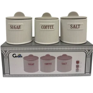Tris barattoli ceramica 400ml zucchero, sale e caffe' bianco e grigio