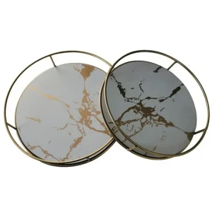 Vassoio decorativo rotondo metallo e mdf bianco art dÃ¨co con base marmorea, set da 2 - Casa Milano