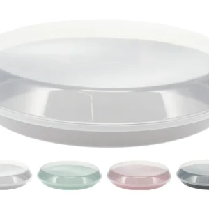 Vassoio da servizio PP con coperchio trasparente, d.35,5xH.8,5cm. Peso 314gr. 4 colori assortiti