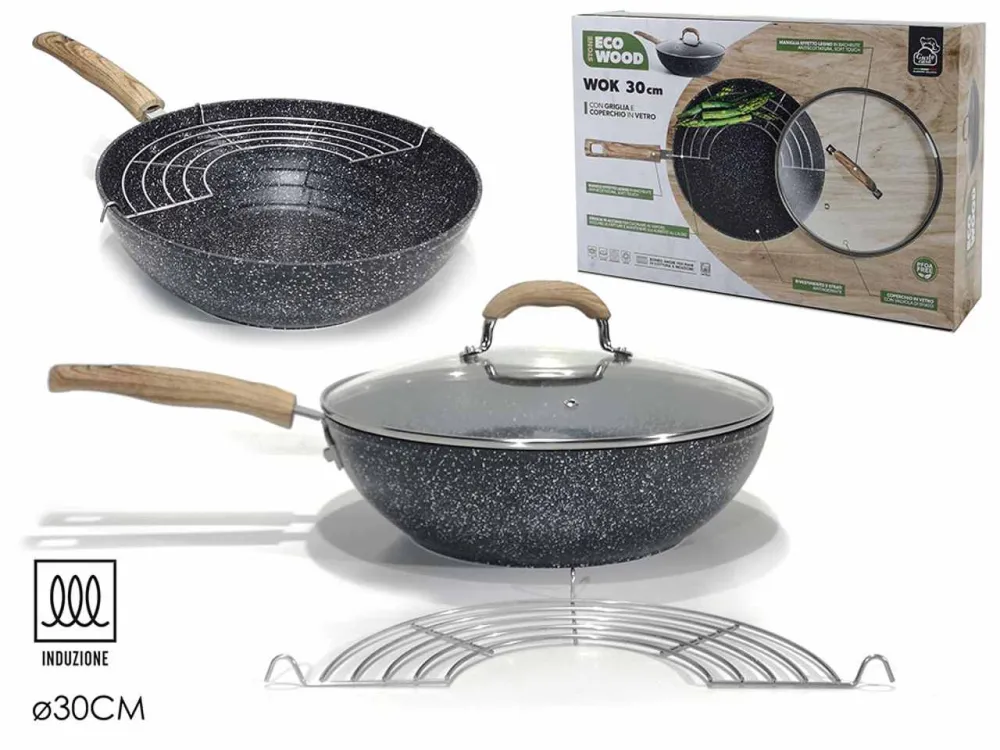 Wok stone eco wood d.30cm con griglia per induzione