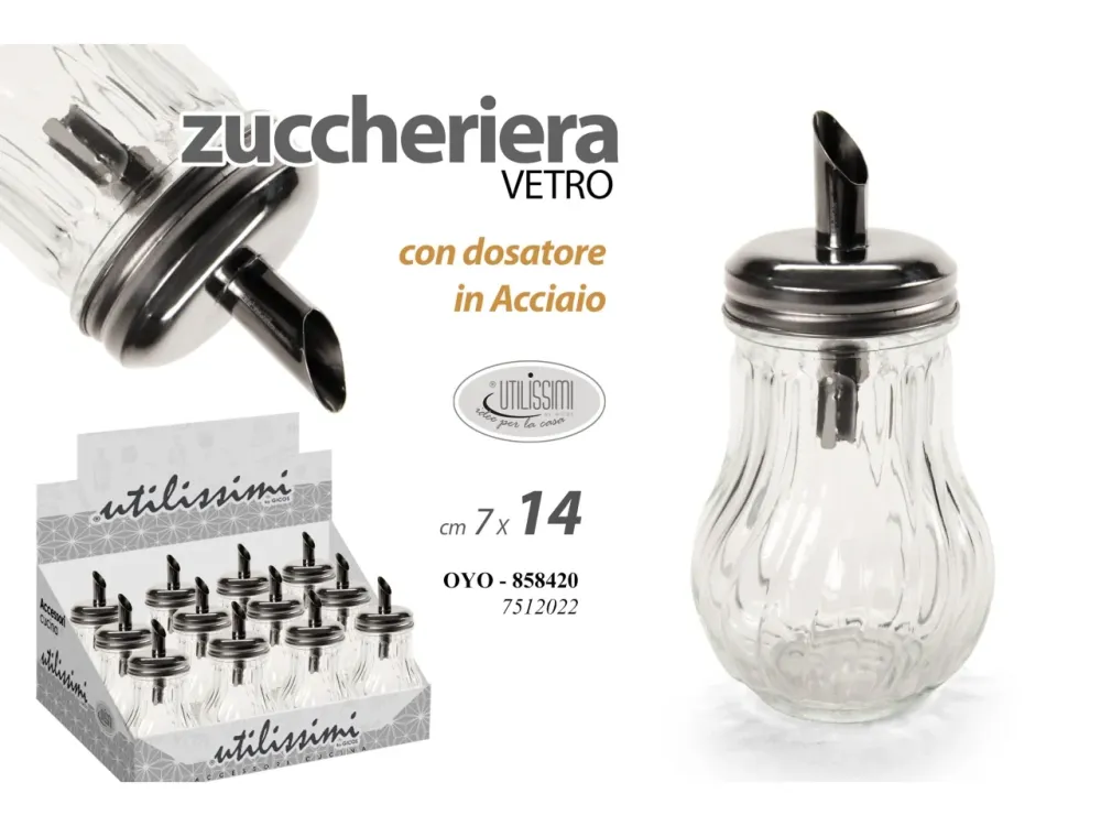 Zuccheriera vetro con dosatore acciaio 180ml 7x14cm