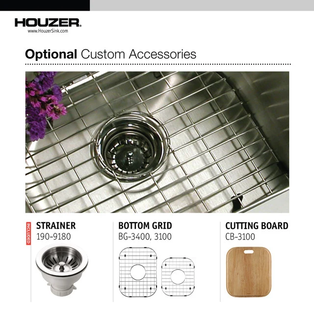 Houzer D'élite Series 32" Stainless Steel Undermount 60/40 Double Bowl Kitchen Sink Small Right Bowl