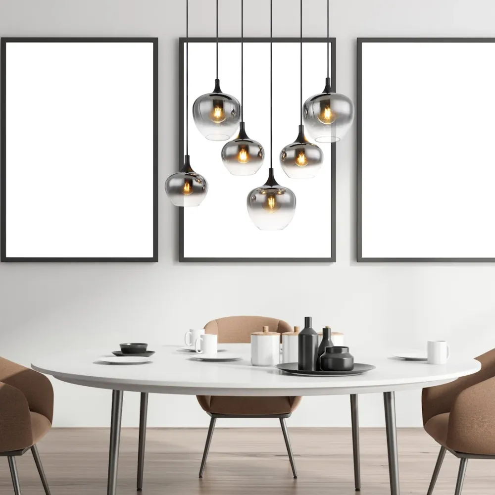 Lampadario Moderno Serie Maxy 6 Luci Metallo Nero e Vetro Fumé 86 cm Regolabile