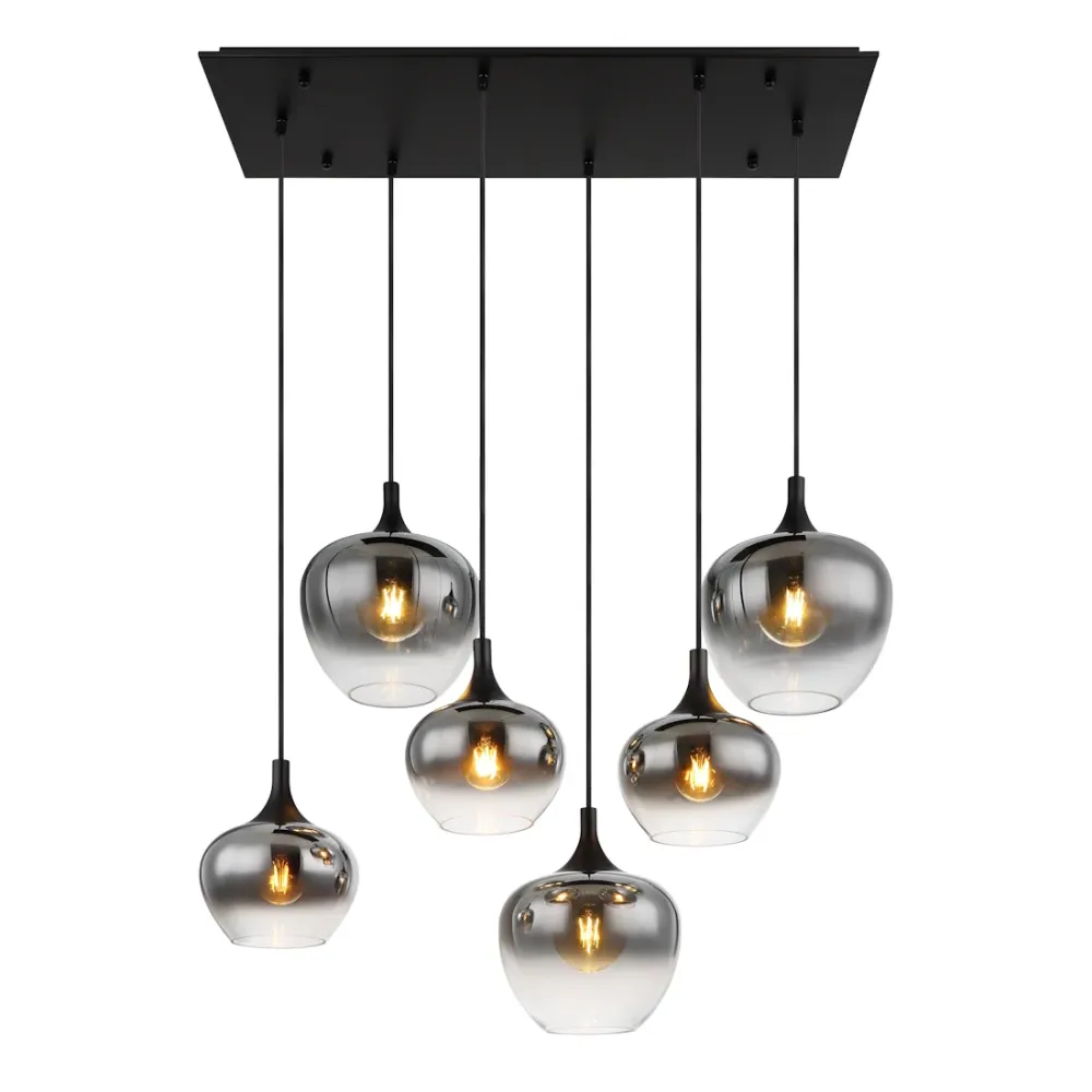 Lampadario Moderno Serie Maxy 6 Luci Metallo Nero e Vetro Fumé 86 cm Regolabile