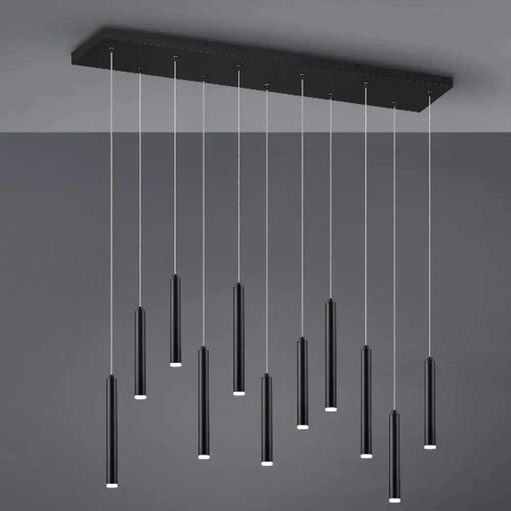 Lampadario Tubular LED 30,5W con 11 Luci Pendenti Metallo Nero SwitchDimmer 3 Livelli 3000K