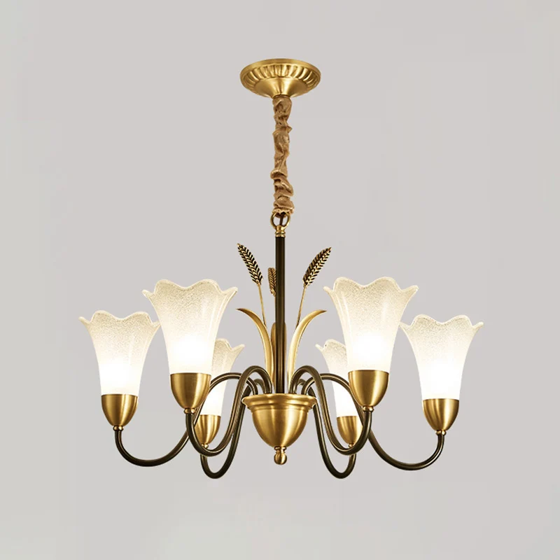 Lampadario per sala da pranzo con fiori, illuminazione classica, lampada sospensione vetro smerigliato color crema, oro