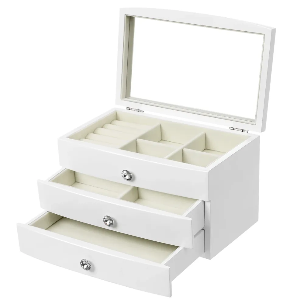SONGMICS Cofanetto Portagioielli Legno, Organizzatore per Gioielli 3 Livelli con Vasto Specchio Coperchio, Pomelli Gioiell...