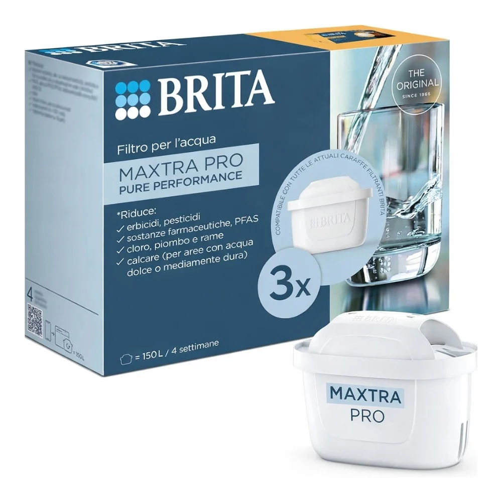 BRITA MAXTRA PRO ALL 1 Per Caraffa Filtrante Acqua, Confezione 3 Filtri Riduce Cloro, Calcare e Impurità