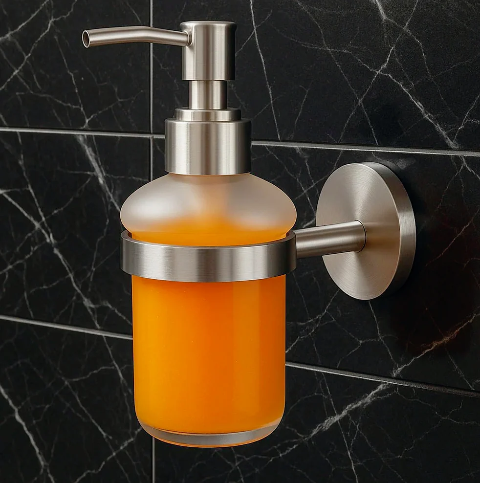 Dispenser sapone Aria – acciaio satinato e vetro satinato