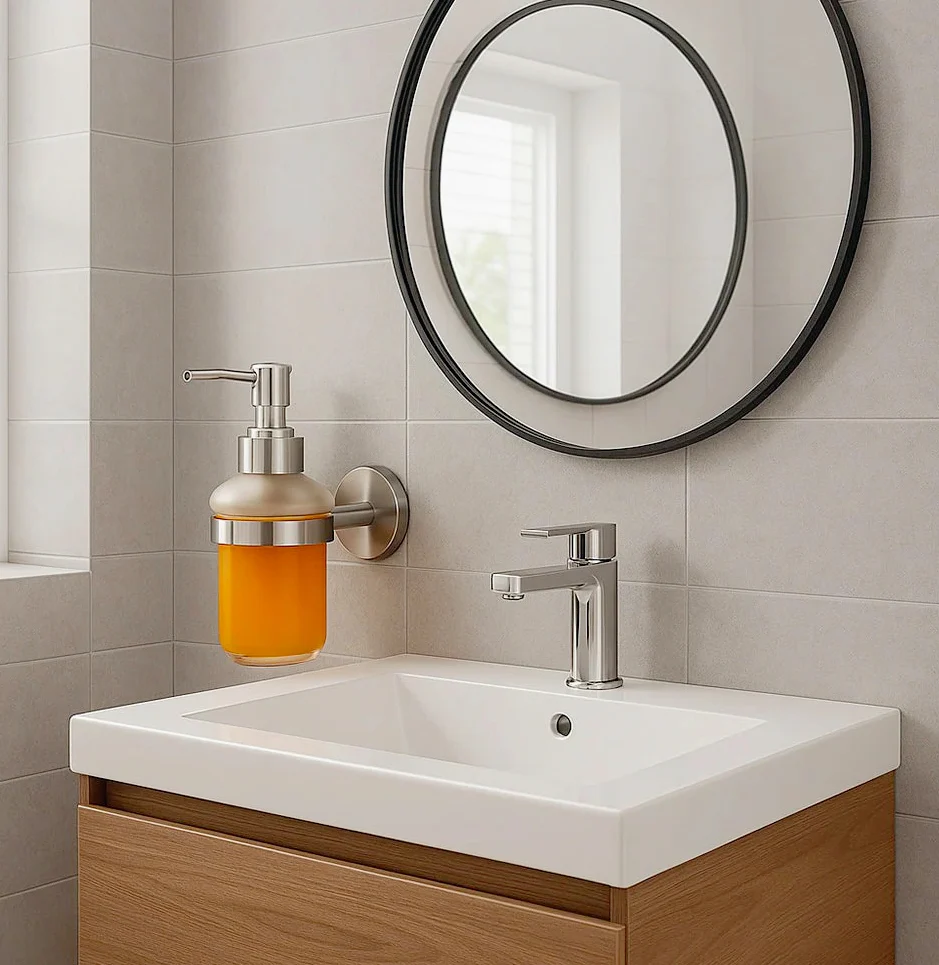 Dispenser sapone Aria – acciaio satinato e vetro satinato