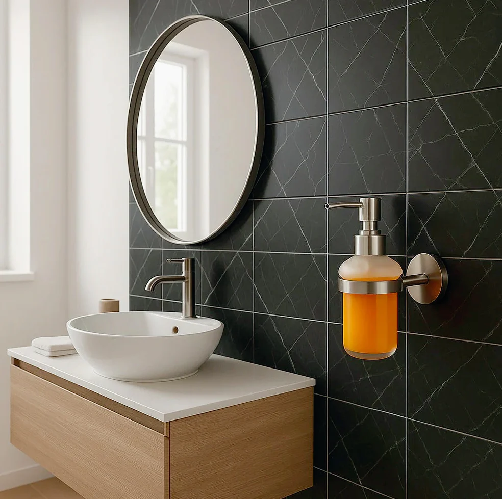 Dispenser sapone Aria – acciaio satinato e vetro satinato