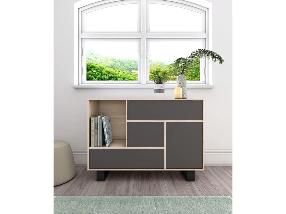 Credenza WIND, sala da pranzo, Buffet 1 porta, 3 cassetti, colore struttura Rovere e colore porta e cassetti Grigio Antrac...