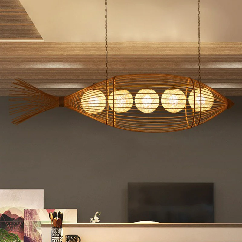 Lampadario artigianale per sala da tè con pesce, illuminazione sospensione minimalista bambù legno