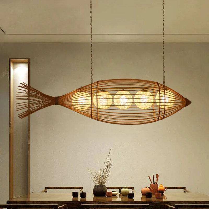 Lampadario artigianale per sala da tè con pesce, illuminazione sospensione minimalista bambù legno