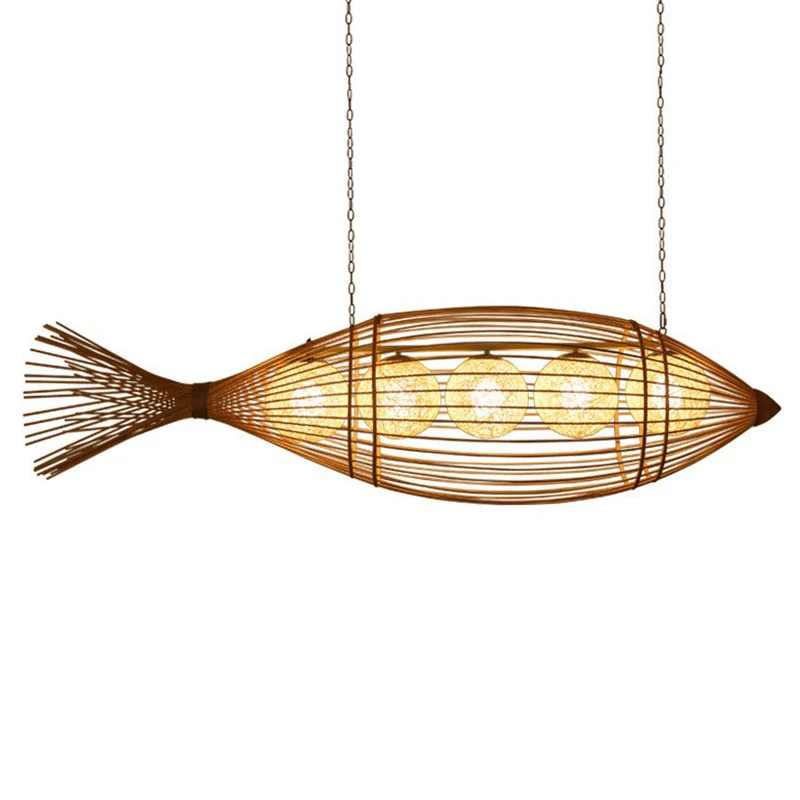 Lampadario artigianale per sala da tè con pesce, illuminazione sospensione minimalista bambù legno
