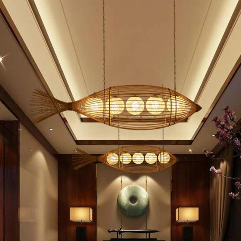 Lampadario artigianale per sala da tè con pesce, illuminazione sospensione minimalista bambù legno