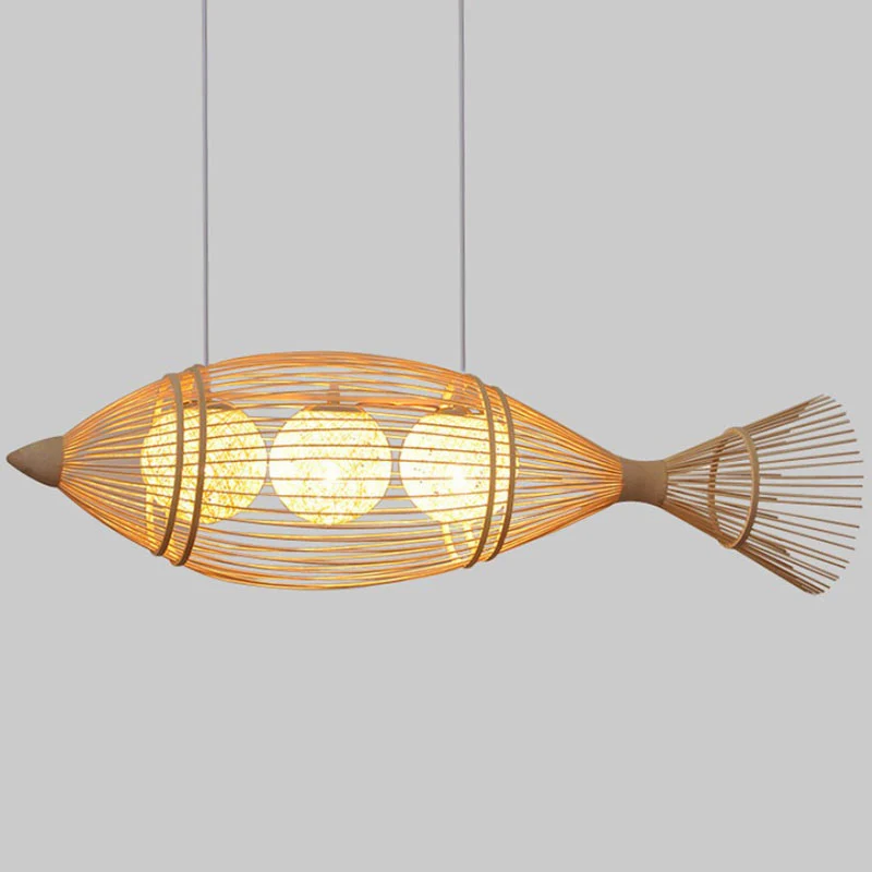 Lampadario artigianale per sala da tè con pesce, illuminazione sospensione minimalista bambù legno