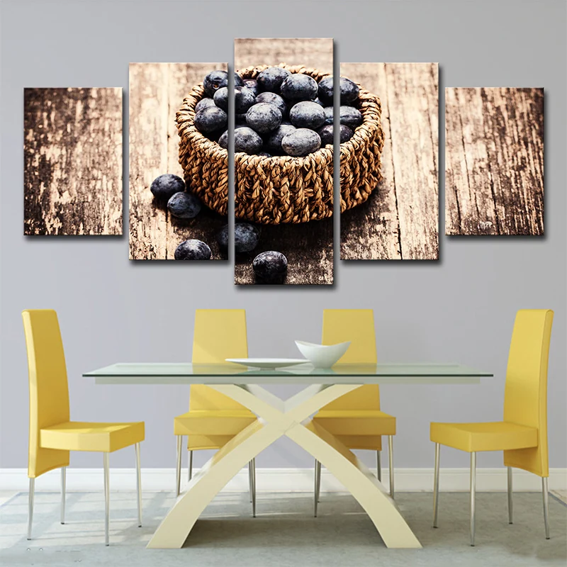 Quadro su tela con cesto fotografico di mirtilli per sala da pranzo, marrone, multipezzo