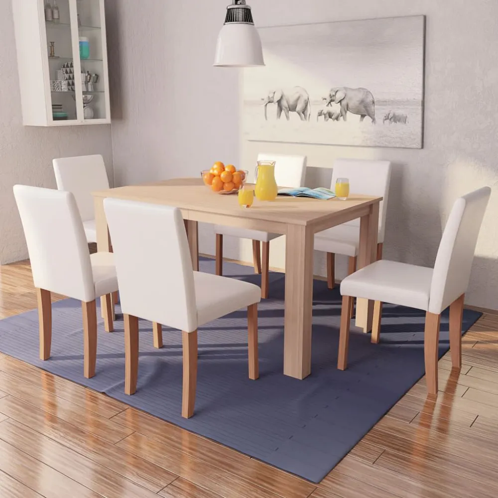 Sedie e Tavolo Pranzo 7 pz Pelle Artificiale Quercia Crema