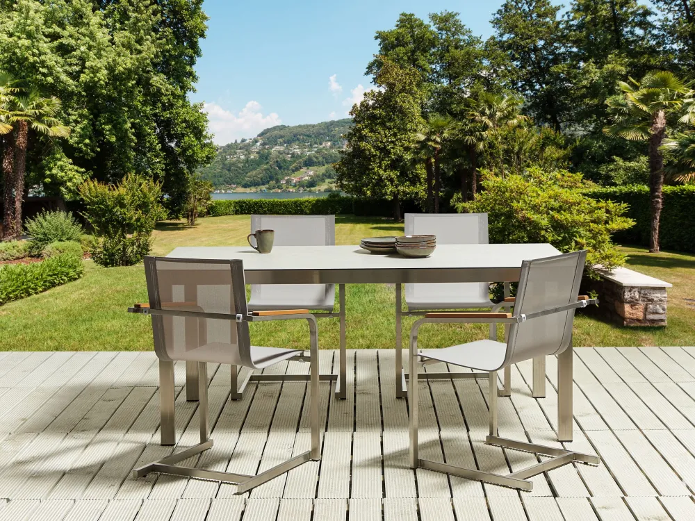 Set da giardino 4 posti vetro temperato bianco e metallo 180 cm COSOLETO
