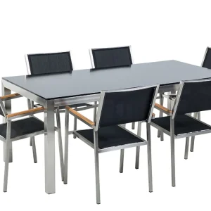 Set da giardino vetro temperato nero 180 cm 6 sedie tessuto nero GROSSETO