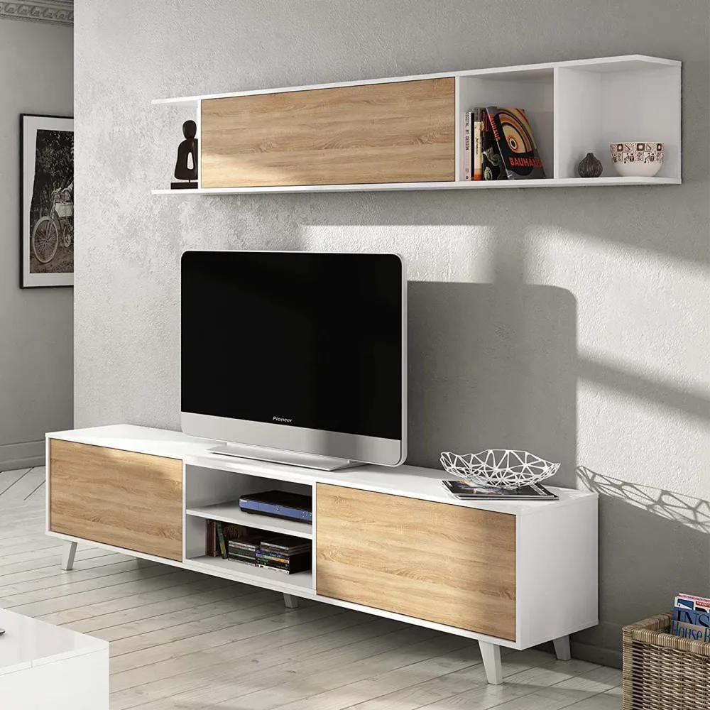 Set parete attrezzata "Zaiken" moderna da soggiorno bianco e rovere 180 cm