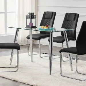 Set di 4 sedie cantilever ecopelle - Gambe metallo - Schienale con motivo rombi - Nero